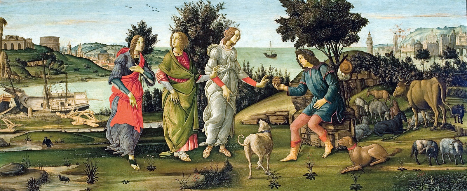 Dans un paysage de bord de mer, le berger Pâris, assis, tend la pomme d'or à l'une des trois déesses debout devant lui
