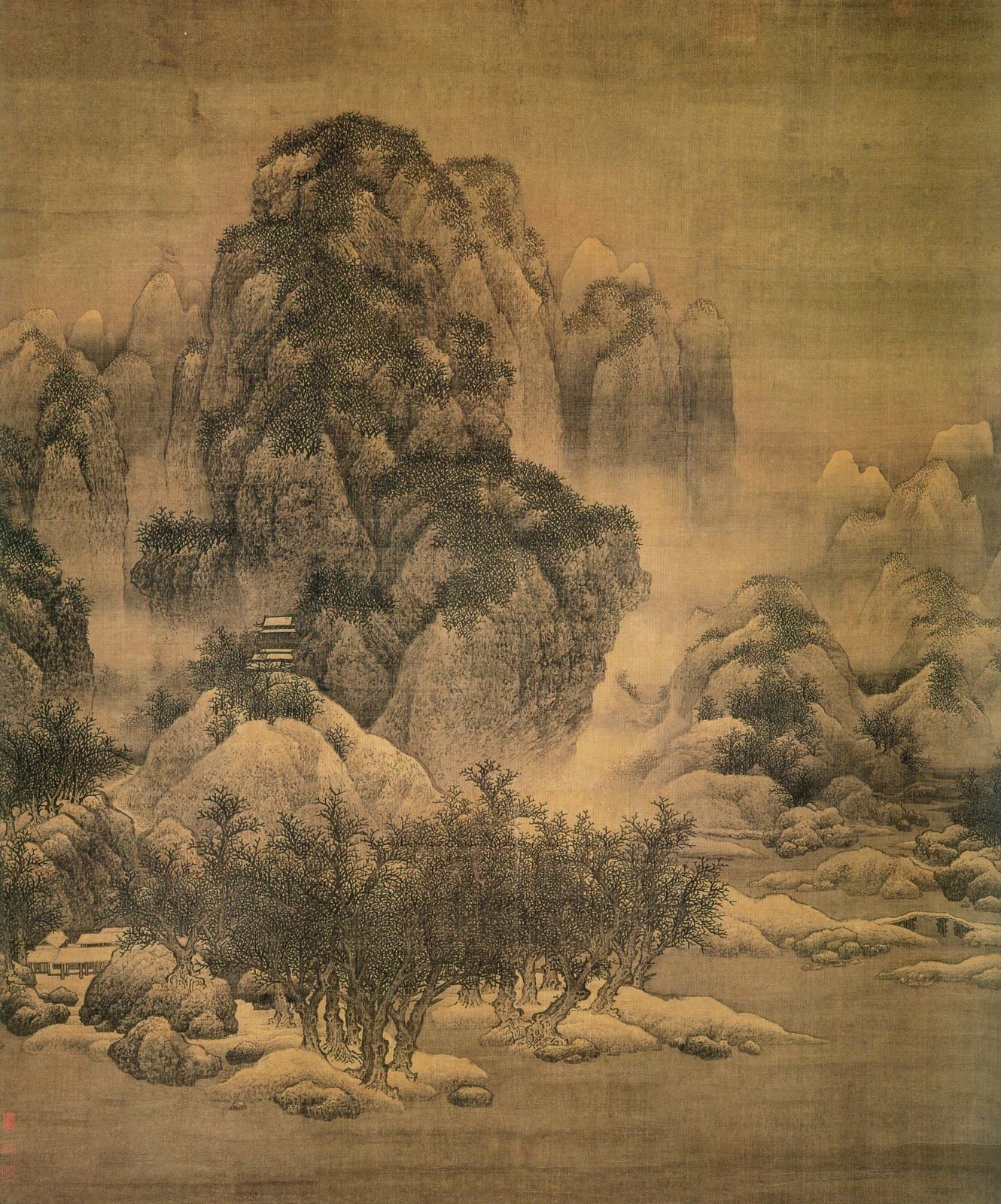 Montagnes enneigées dans la brume, un temple accroché à mi-pente, et au premier plan un bosquet d'arbres dénudés au bord de l'eau