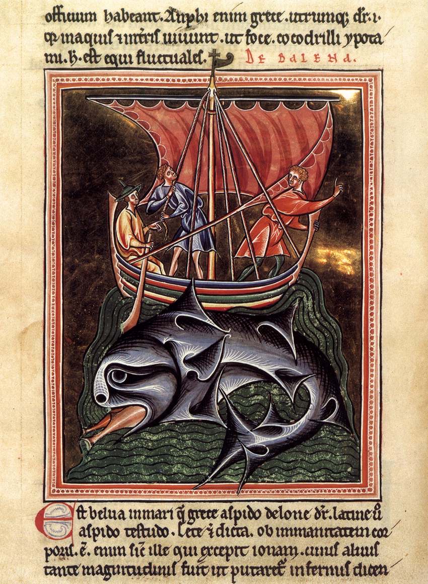 Page de manuscrit enluminé sur fond d'or : trois marins dans un navire à voile rouge, au-dessus d'une énorme baleine grise qui avale un poisson