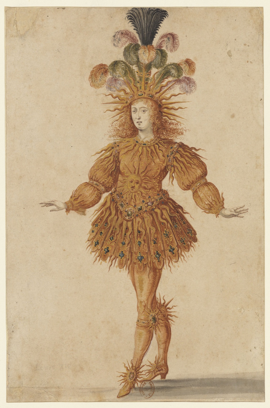 Dessin en couleurs d'un jeune danseur vêtu d'un costume doré à rayons de soleil, coiffé d'un panache de plumes, les bras ouverts