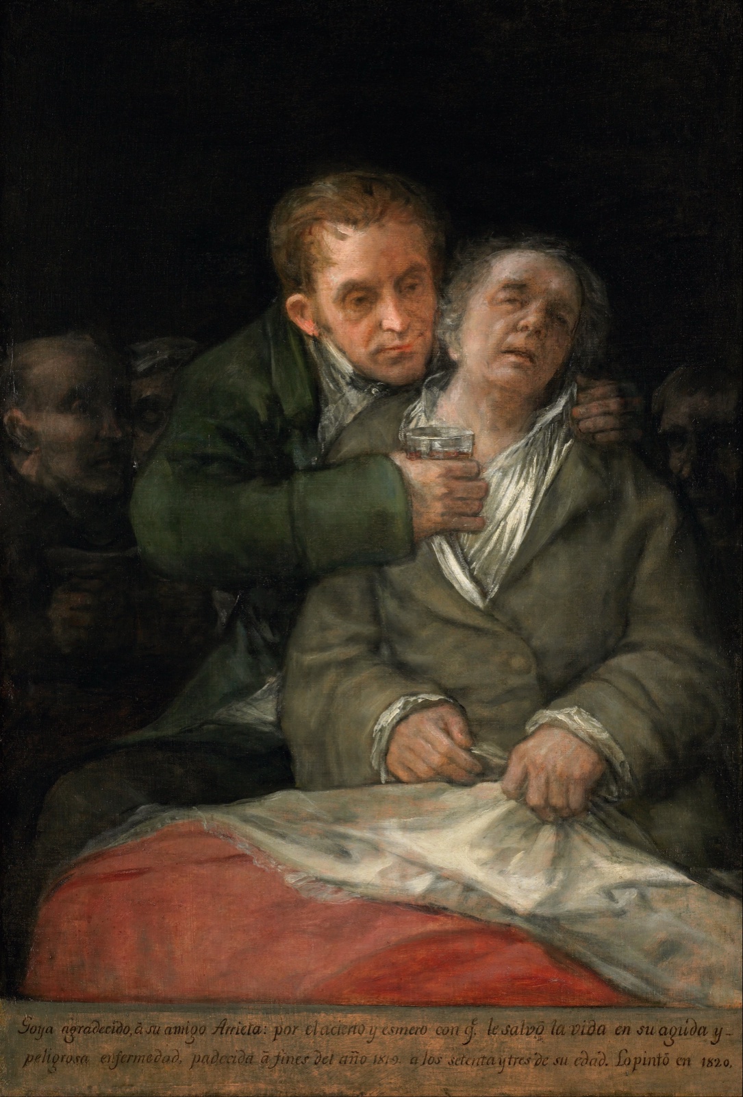 Un homme âgé, pâle, agrippé à ses draps, est soutenu par un médecin qui lui tend un verre ; des silhouettes sombres se devinent à l'arrière-plan