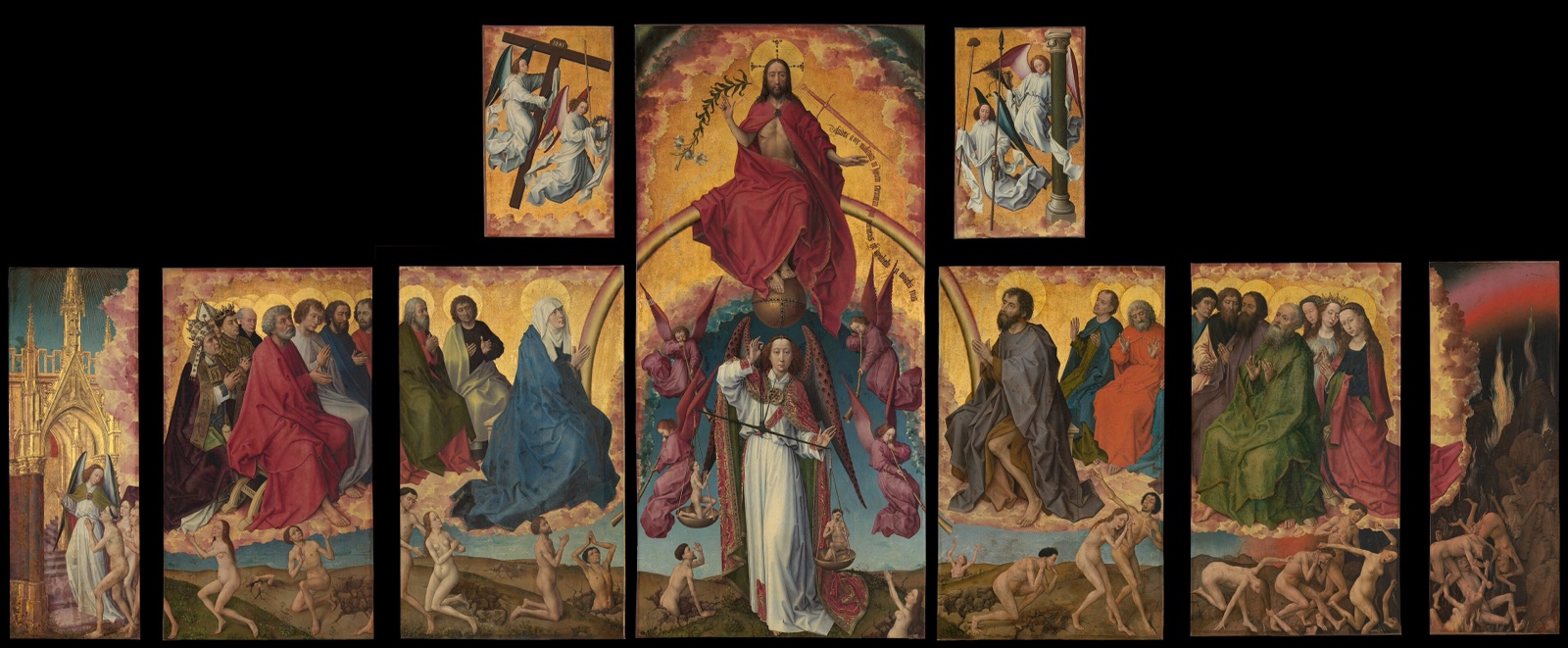 Grand retable ouvert en neuf panneaux : au centre, le Christ en juge au-dessus de l'archange Michel pesant les âmes, entouré des apôtres et de la Vierge