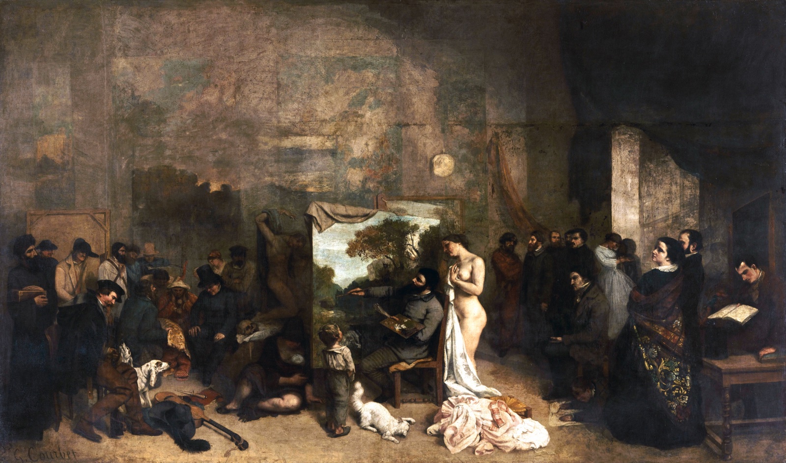 Un vaste atelier sombre : au centre, le peintre assis devant un paysage sur son chevalet, un modèle nu debout derrière lui et un enfant qui regarde ; à droite, un groupe d'amis, dont un homme qui lit ; à gauche, des personnages du peuple