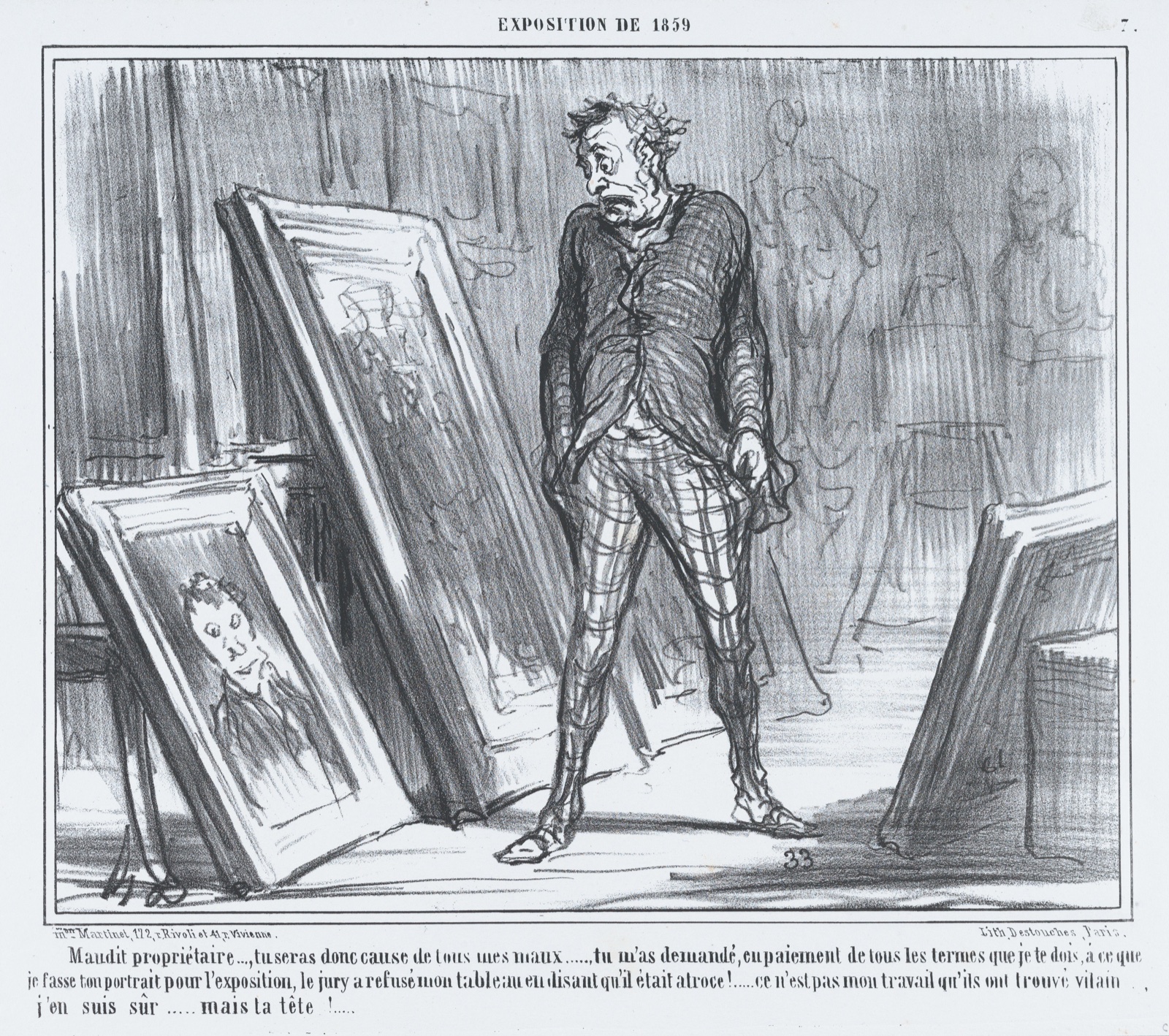 Lithographie : dans un atelier encombré de toiles posées contre le mur, un peintre maigre en pantalon à carreaux, les bras ballants, regarde avec désespoir un portrait d'homme posé au sol