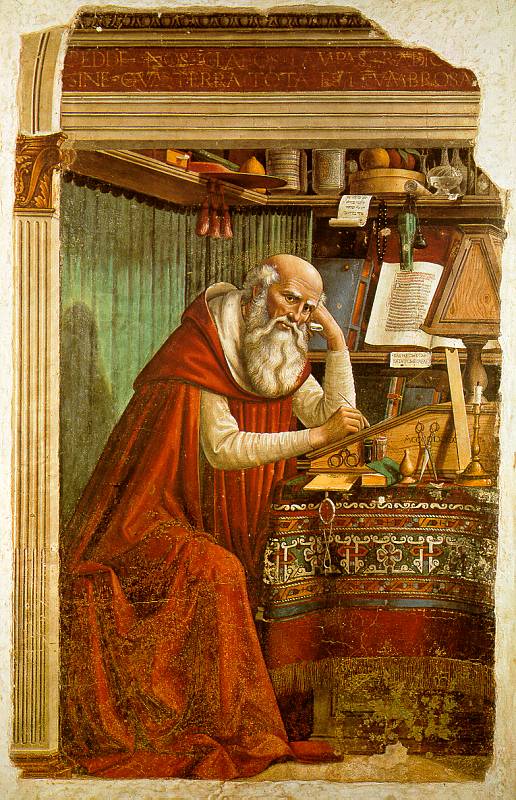 Saint Jérôme, vieillard à longue barbe en manteau rouge, la tête appuyée sur la main, à son pupitre couvert de livres, d'un encrier et de lunettes