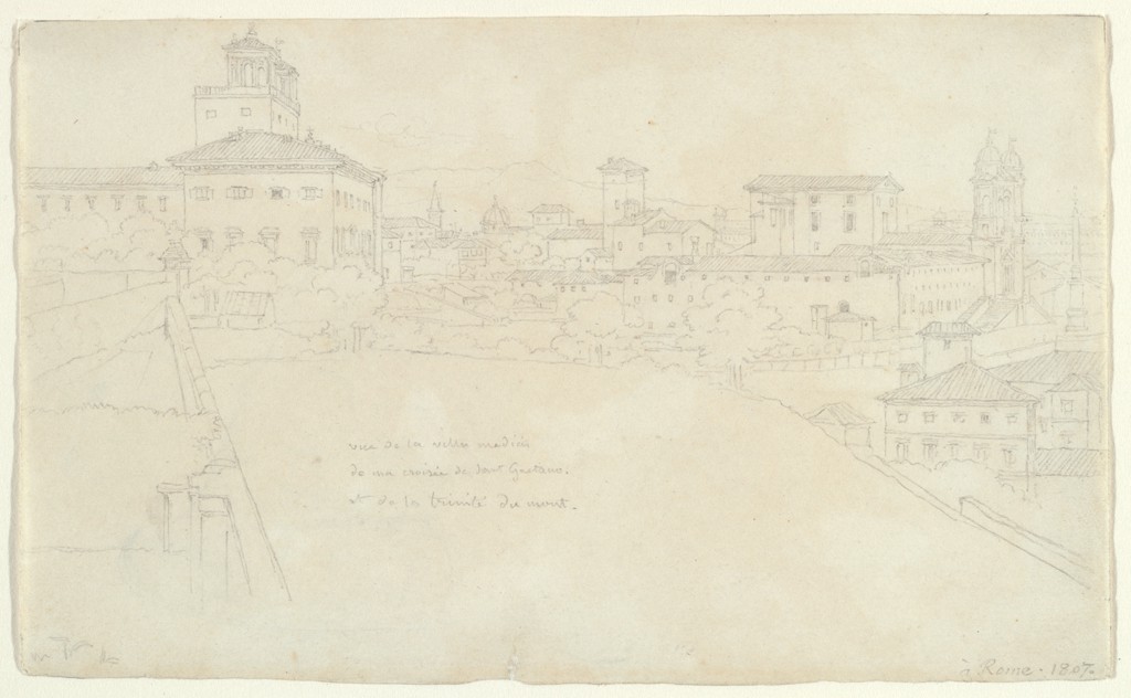 Dessin au trait : vue plongeante sur les toits de Rome, avec à gauche la Villa Médicis et ses deux tours, une inscription manuscrite dans le ciel vide du premier plan