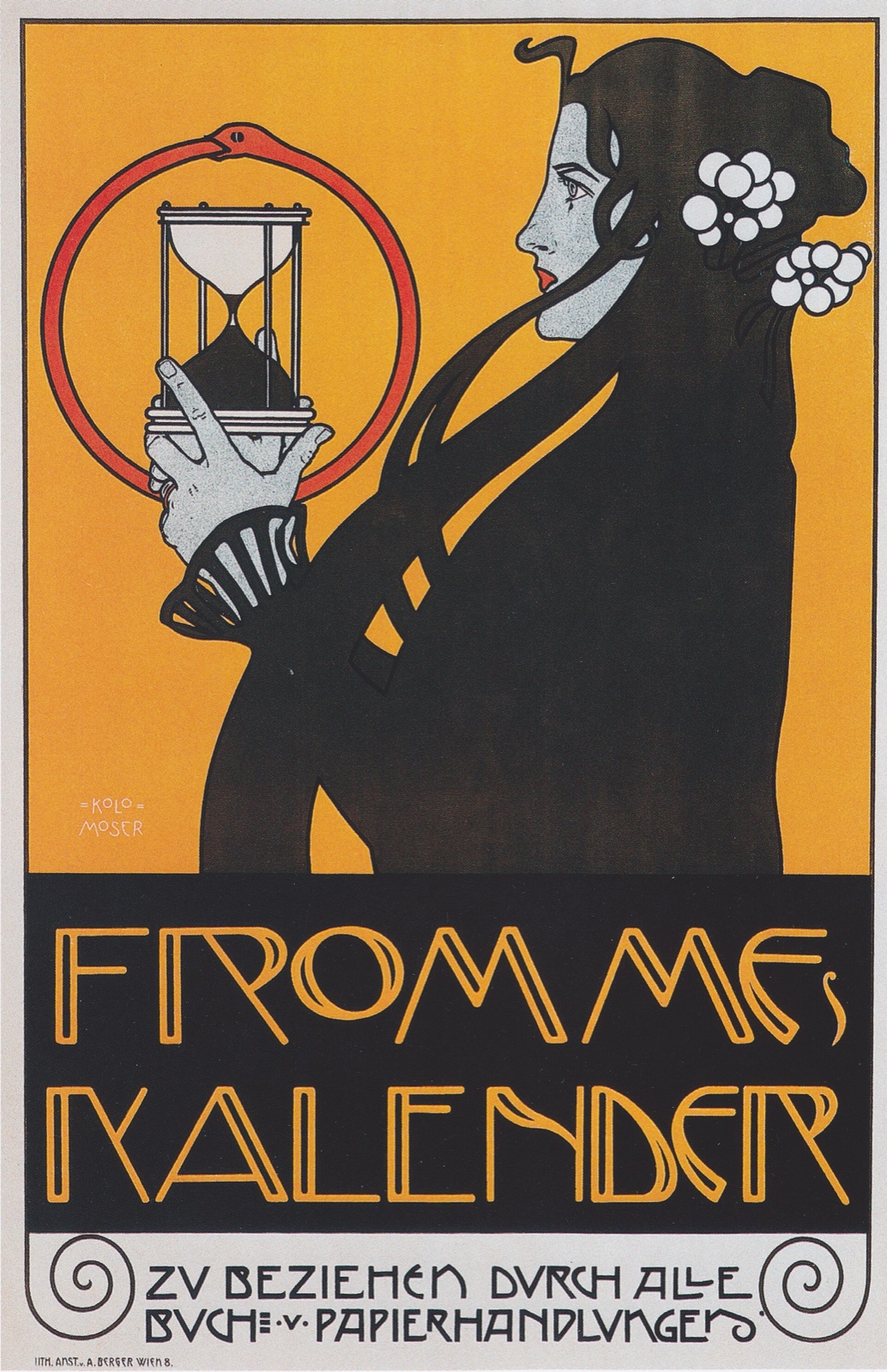 Affiche Art nouveau : une femme de profil, vêtue de noir sur fond bleu, tient un sablier dans un cercle d'or ; en bas, le titre en grandes lettres sur fond orange