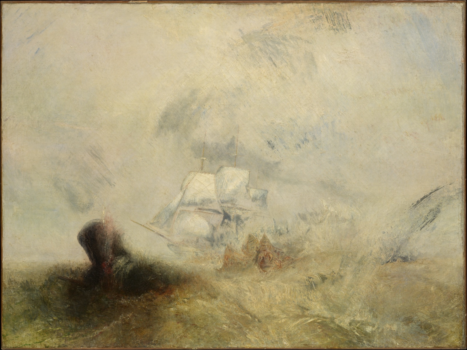 Mer agitée dans une brume blanche et dorée : un trois-mâts toutes voiles dehors, une chaloupe, et au premier plan la masse sombre d'une baleine dans les vagues