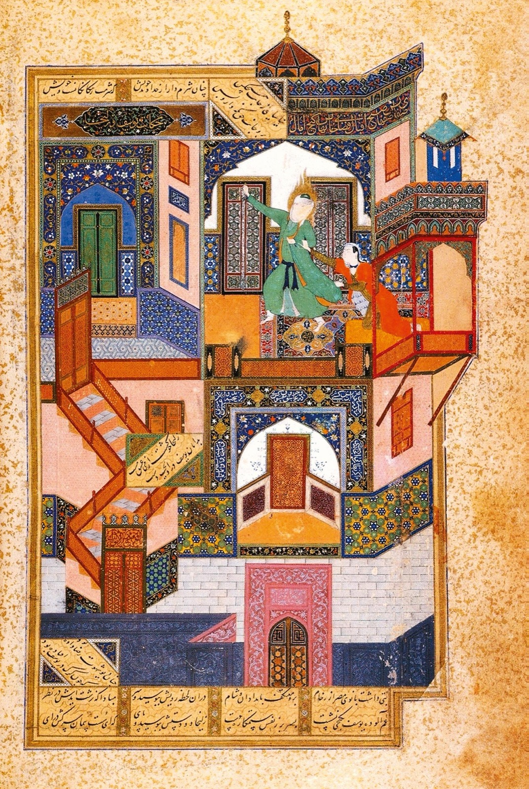 Miniature persane : un palais aux nombreuses pièces et escaliers colorés, où un jeune homme s'enfuit vers une porte