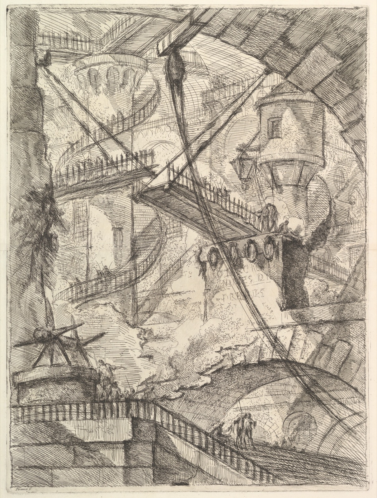 Gravure d'une prison imaginaire : arches immenses, escaliers, passerelles et pont-levis suspendus dans le vide