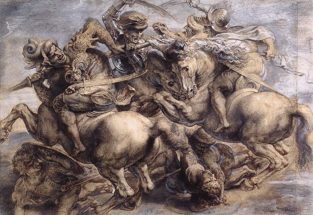 Mêlée de cavaliers et de chevaux cabrés qui se disputent un étendard