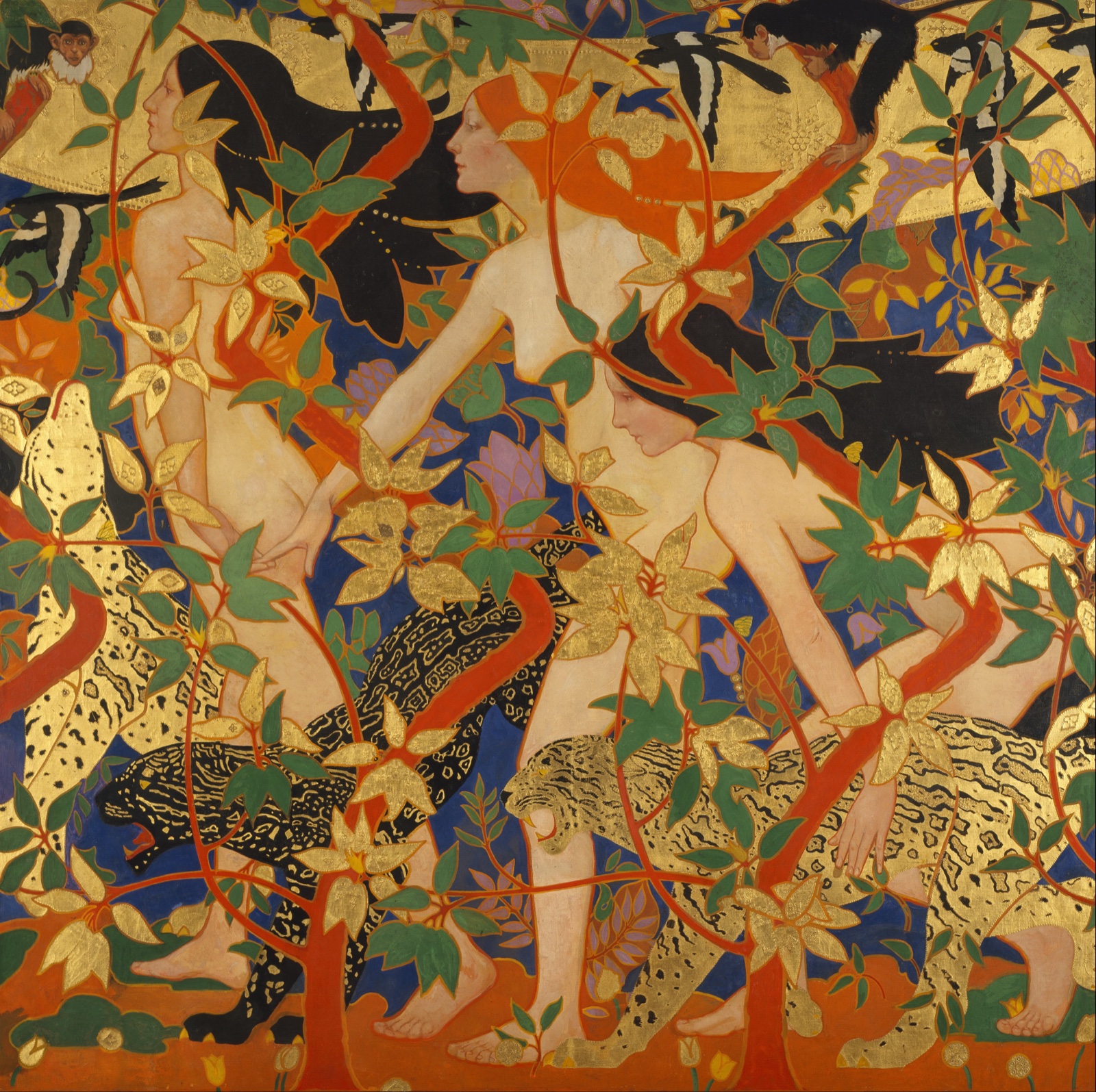Panneau décoratif foisonnant : des nymphes nues courent parmi des feuillages dorés, des branches rouges, des oiseaux et des léopards
