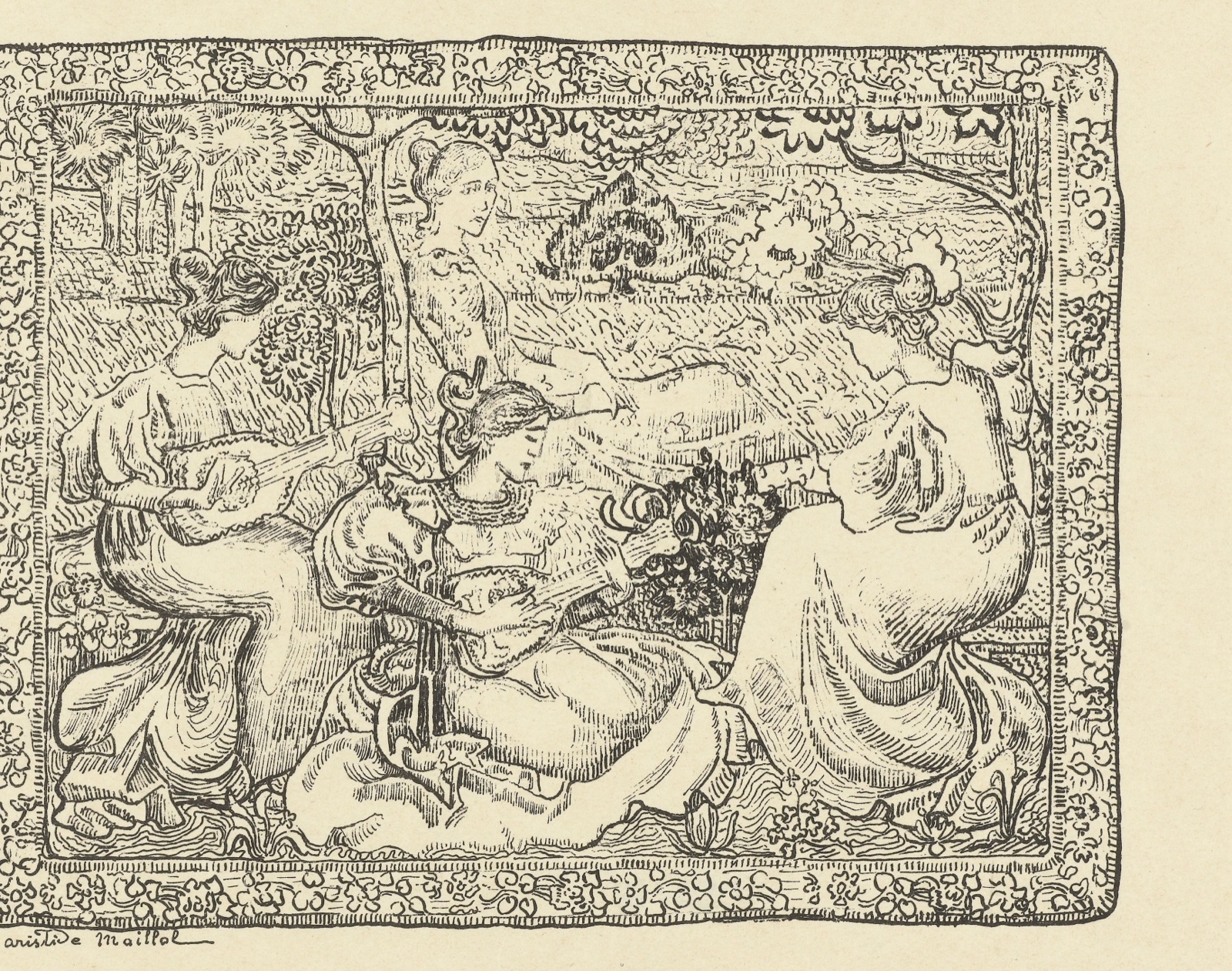 Lithographie en noir : quatre jeunes femmes jouent de la musique dans un jardin, dans une bordure de fleurs qui imite celle d'une tapisserie