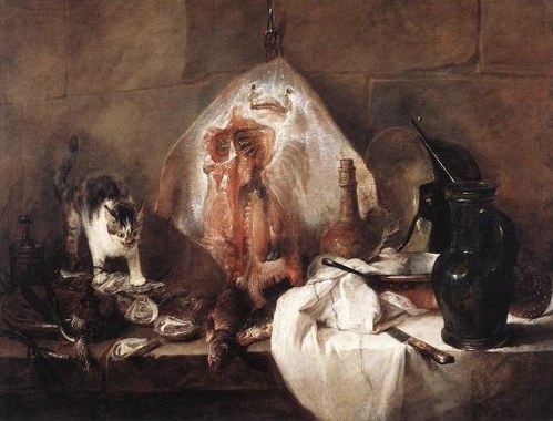 Nature morte : une raie éventrée suspendue, un chat sur des huîtres, une cruche et une nappe blanche