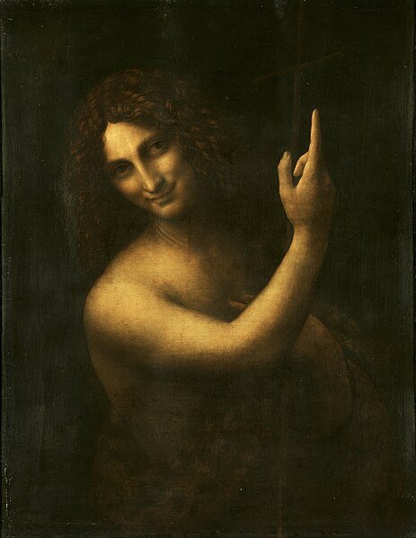 Saint Jean-Baptiste de Léonard de Vinci : un jeune homme sortant de l'ombre, l'index levé vers le ciel