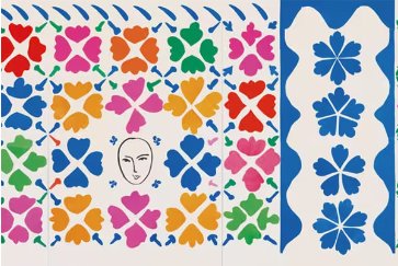 Grand panneau de papiers découpés : fleurs stylisées de couleurs vives en grille, un visage-masque au centre