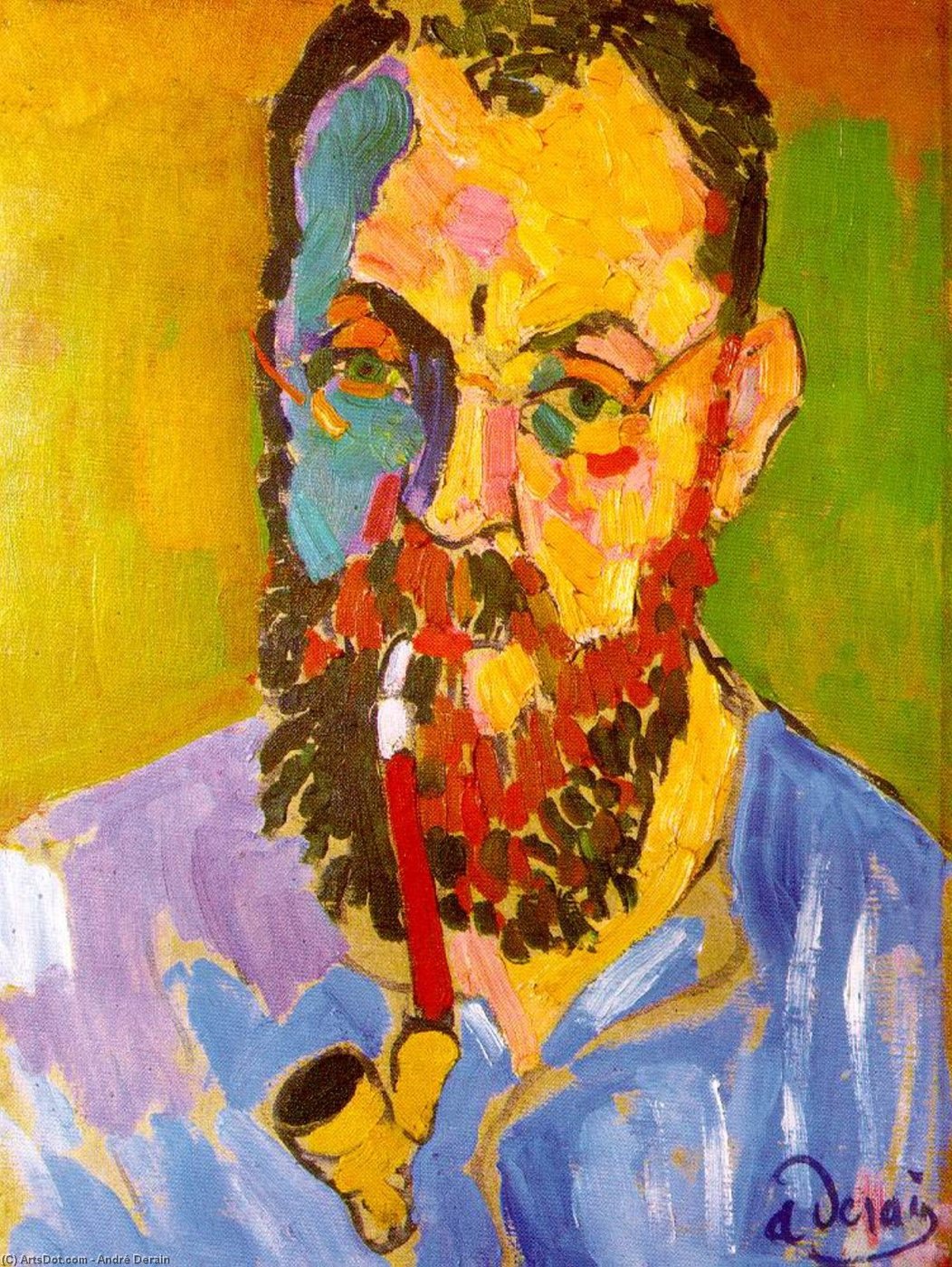 Portrait d'Henri Matisse barbu, fumant la pipe, peint en larges touches de rouge, vert, bleu et jaune