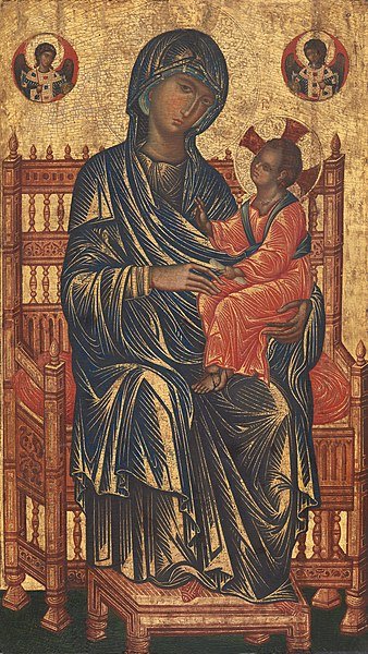 Icône : la Vierge tenant l'Enfant, assise sur un trône arrondi, sur fond d'or