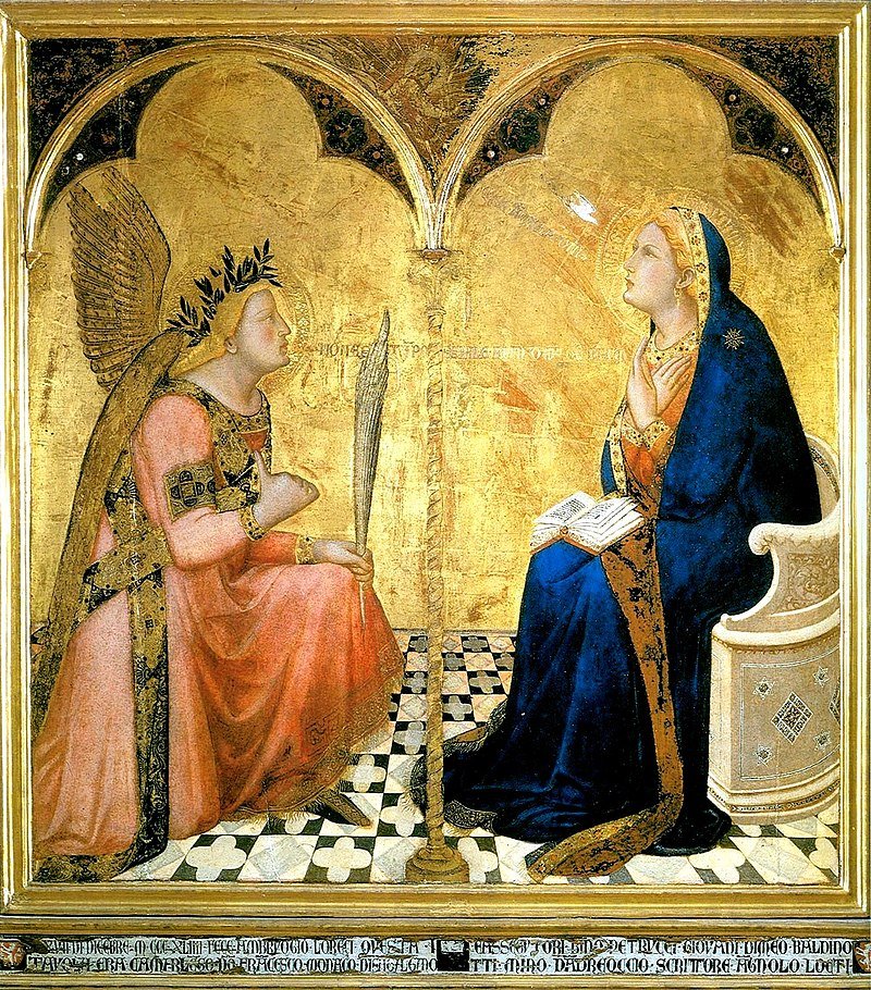 L'ange et la Vierge de part et d'autre d'une colonne, sur un carrelage en perspective et un fond d'or