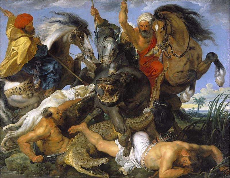 Chasseurs à cheval et chiens attaquant un hippopotame et un crocodile, dans un tourbillon de corps et de couleurs