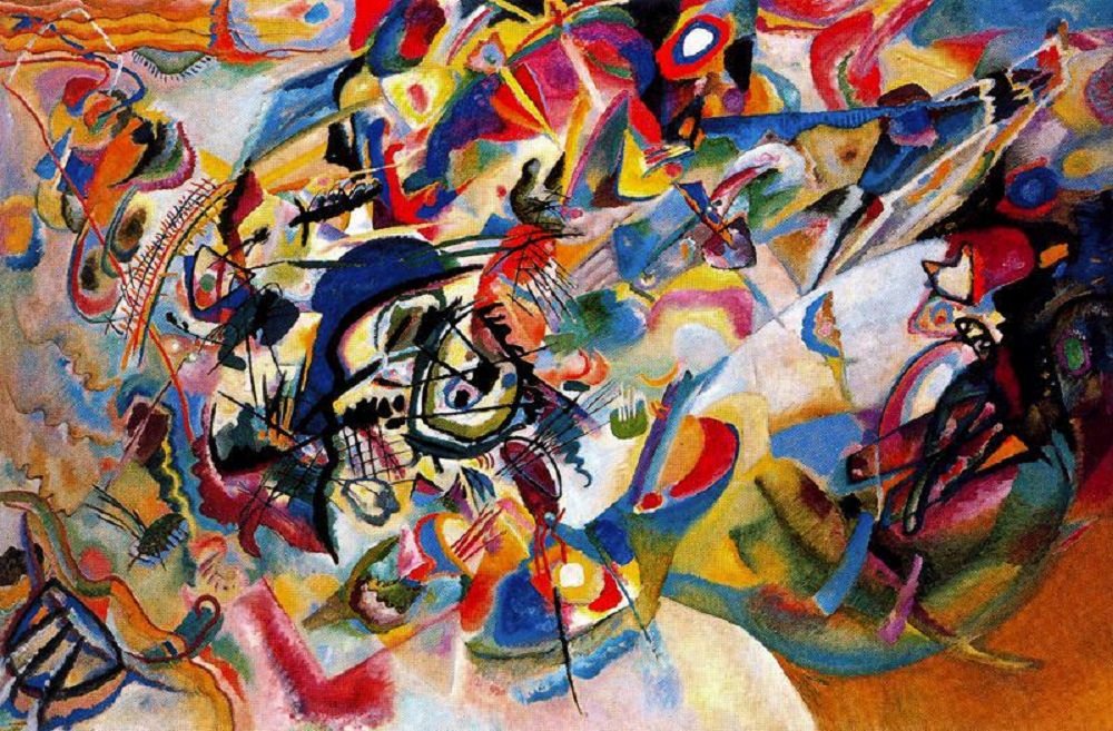 Composition abstraite foisonnante de taches, de lignes et de couleurs vives