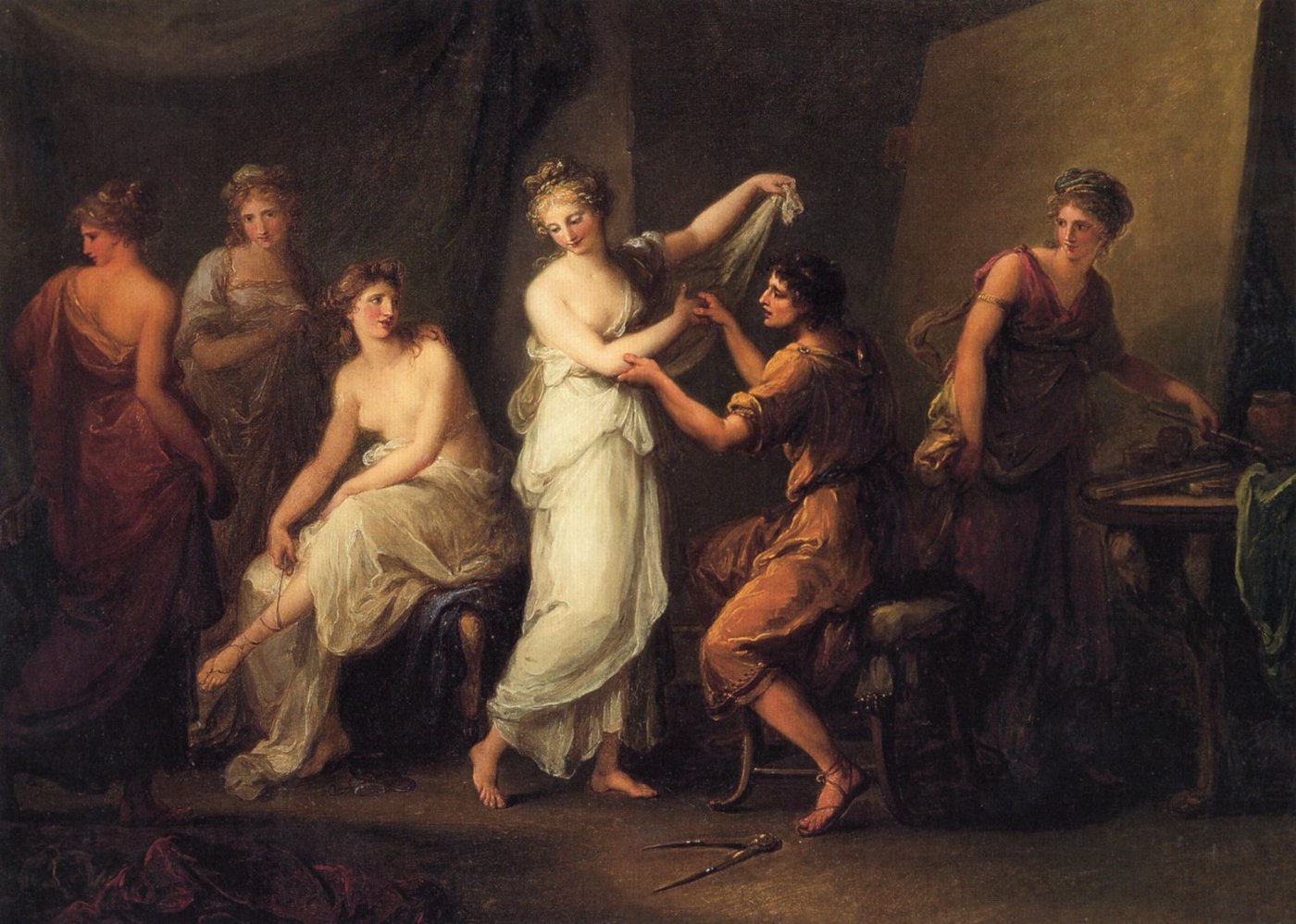 Le peintre Zeuxis devant son chevalet observe plusieurs jeunes femmes qui posent pour lui