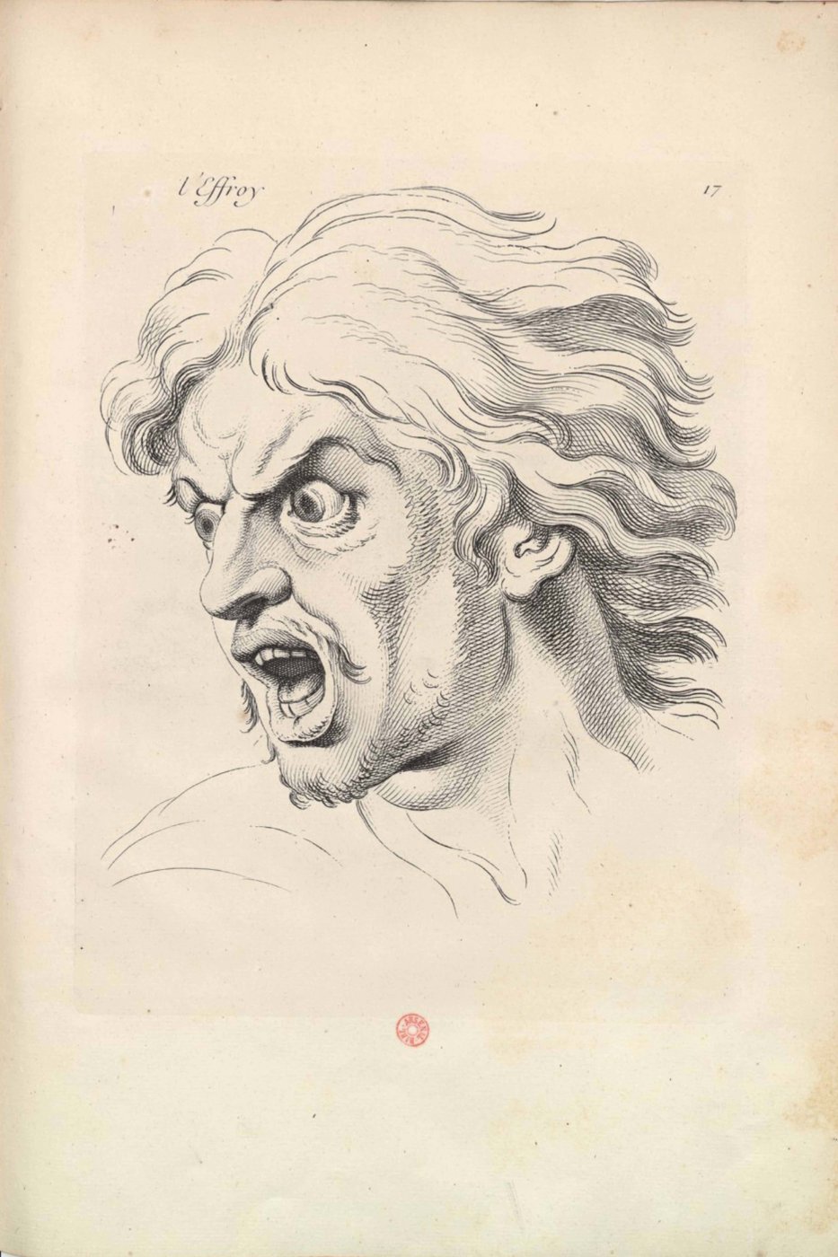 Dessin d'une tête d'homme aux yeux exorbités, bouche ouverte, cheveux dressés
