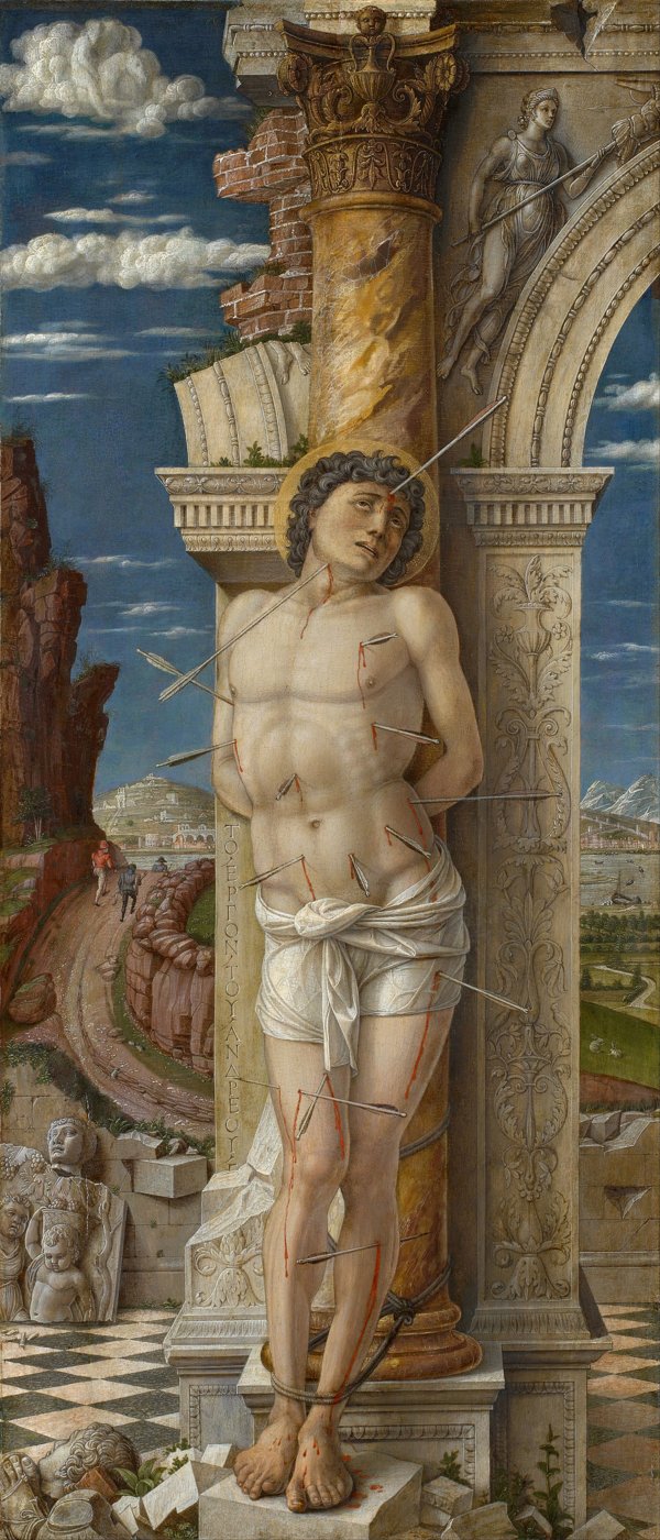 Saint Sébastien attaché à une colonne antique, le corps percé de flèches, devant des ruines