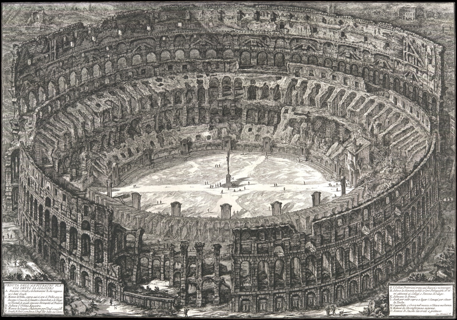 Gravure en vue plongeante du Colisée en ruine : l'arène vide, entourée de gradins effondrés et de hautes arcades