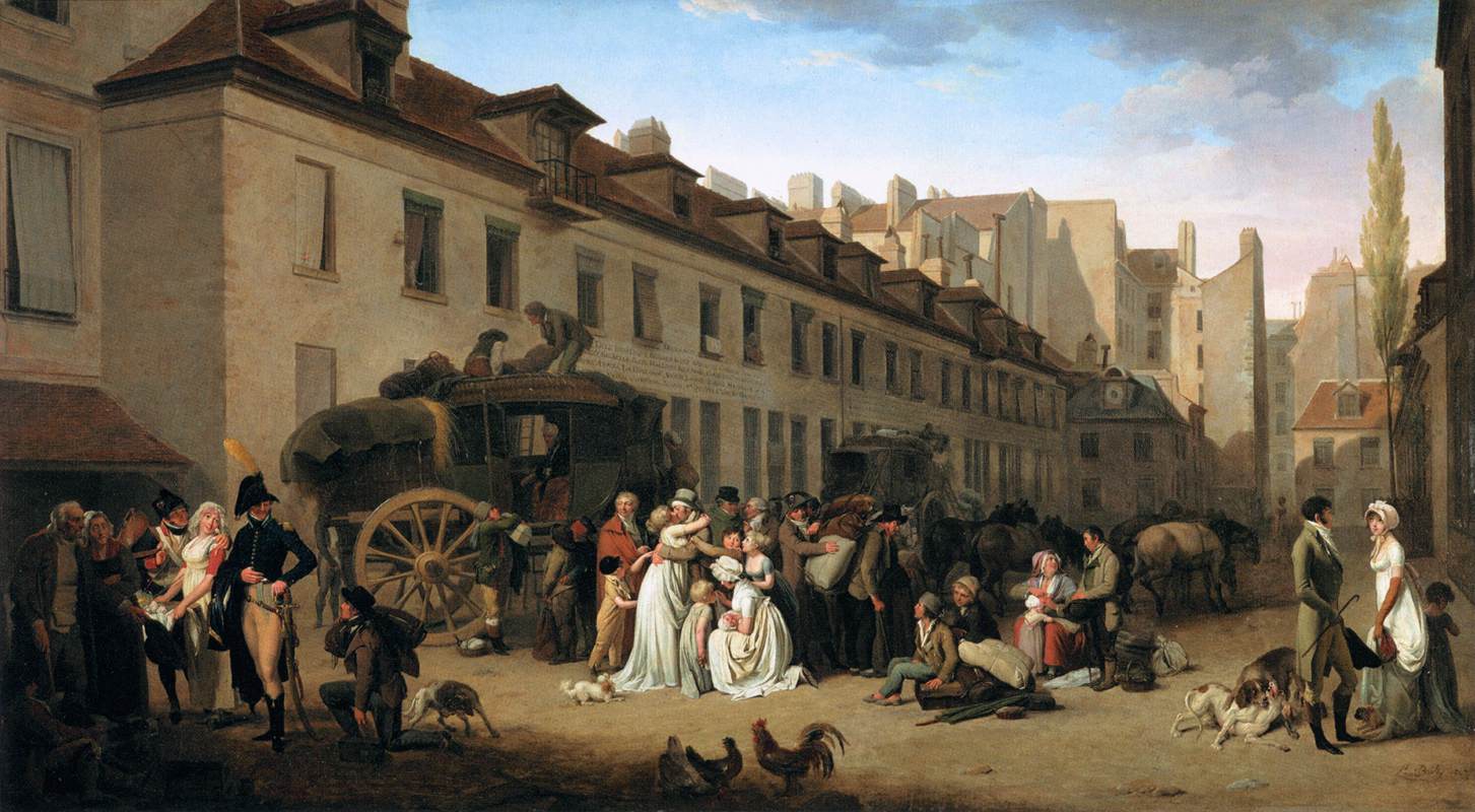 Dans une cour pavée bordée de hauts immeubles, une diligence vient d'arriver ; une foule de voyageurs, de porteurs et de familles s'embrasse, se salue et décharge les bagages