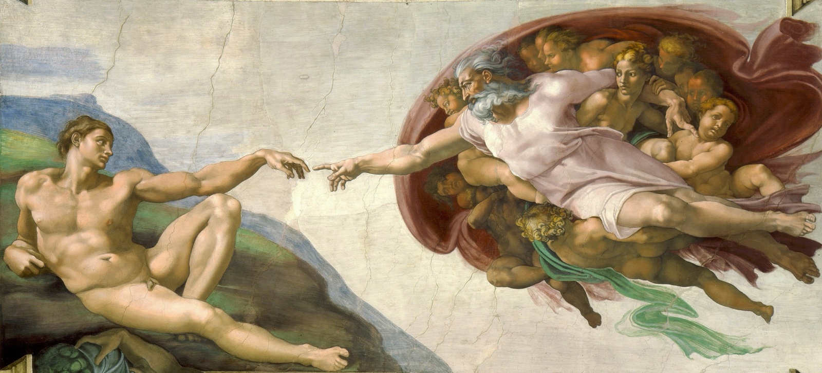 Adam, allongé sur une pente, tend la main vers Dieu, un vieillard barbu porté par des anges dans une grande draperie rouge dont le contour rappelle la forme d'un cerveau