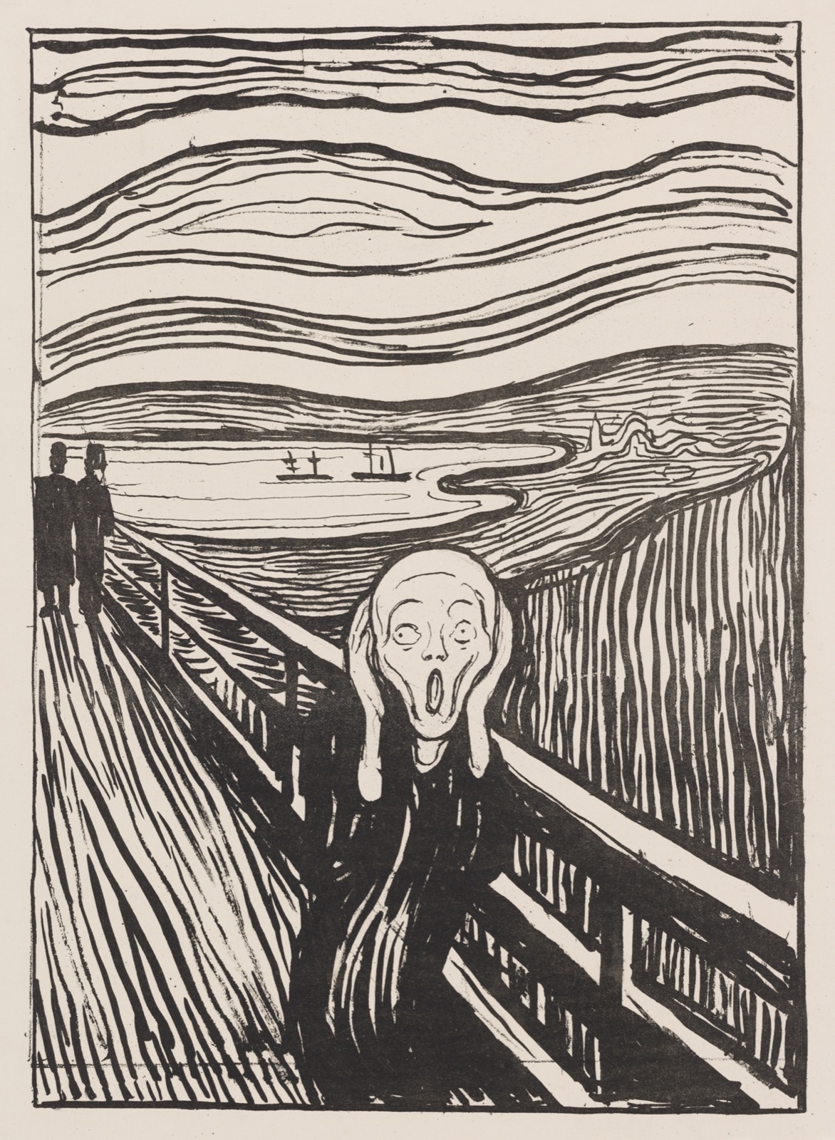 Lithographie en noir et blanc : sur un pont, une figure au visage de crâne se tient la tête entre les mains, bouche ouverte, sous un ciel de lignes ondulantes ; deux silhouettes s'éloignent à gauche