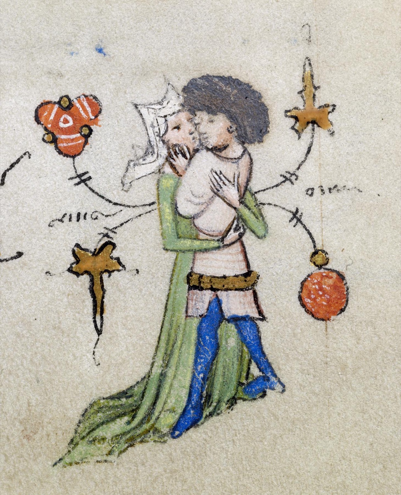 Dans la marge d'un manuscrit, un jeune homme en tunique blanche et une femme en robe verte s'enlacent, entourés de rinceaux et de feuilles d'or