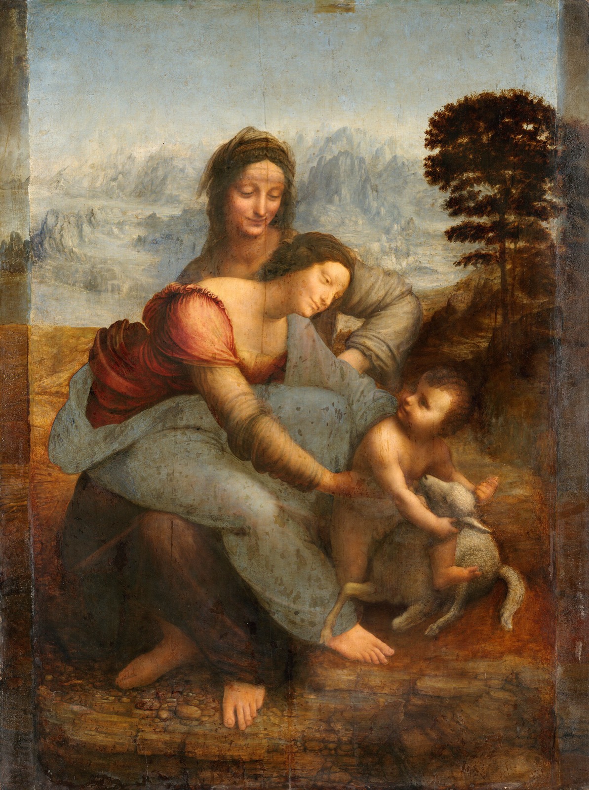 Sainte Anne, assise dans un paysage de montagnes bleutées, porte sur ses genoux la Vierge qui se penche vers l'Enfant Jésus jouant avec un agneau