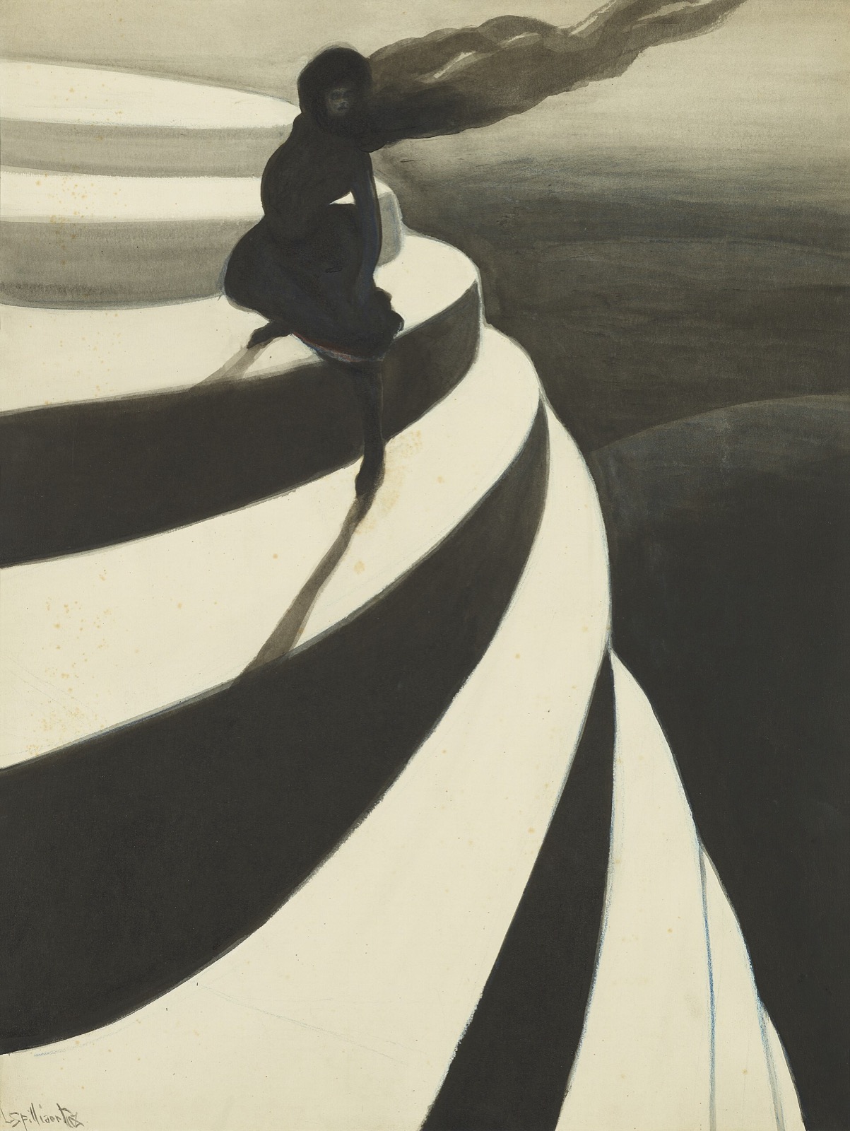 Une silhouette noire, cheveux au vent, gravit un escalier en spirale dont les marches blanches et noires s'enroulent dans le vide