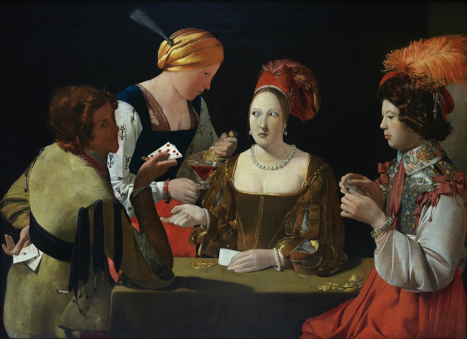 Autour d'une table de jeu, un jeune homme richement vêtu regarde ses cartes, tandis qu'à gauche un tricheur tire un as de carreau de sa ceinture et que deux femmes échangent un regard