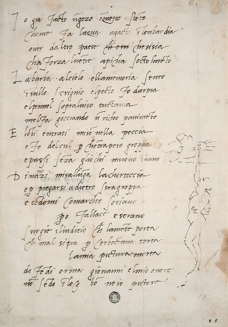 Une feuille couverte d'un poème manuscrit en italien ; dans la marge droite, un petit croquis montre un homme debout, la tête renversée, le bras levé vers une figure qu'il peint au-dessus de lui