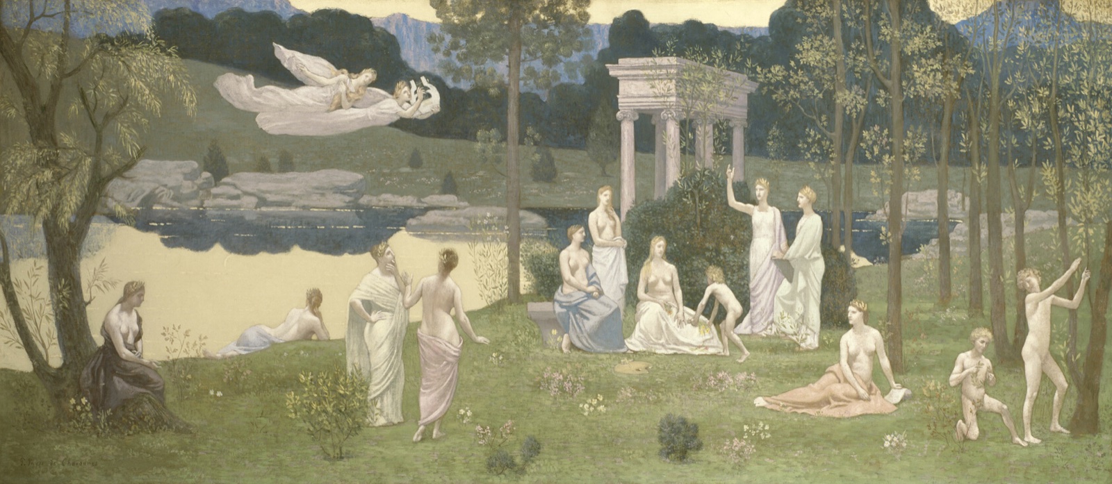 Dans un paysage de bord de lac au soir, des femmes drapées, les Muses, se tiennent autour d'un portique antique ; deux figures volent dans le ciel