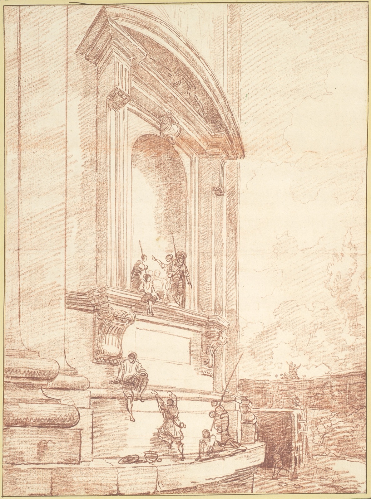 Dessin à la sanguine : au pied d'une immense niche de pierre, de petits personnages grimpent, s'assoient et s'installent dans l'architecture monumentale
