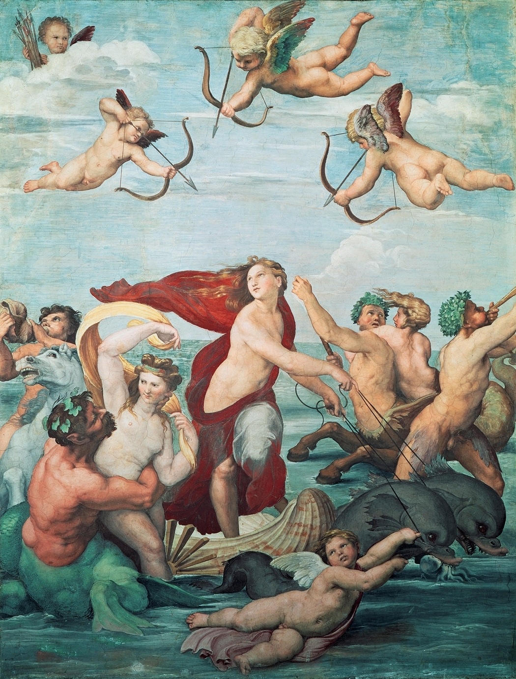 Fresque : la nymphe Galatée, debout sur un char en coquillage tiré par des dauphins, file sur la mer entourée de tritons et de néréides, sous des amours qui tirent à l'arc