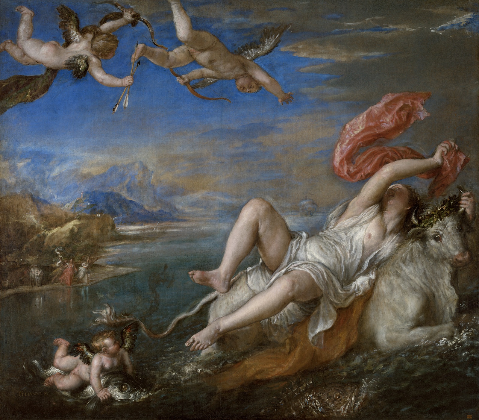 Europe, renversée sur le dos d'un taureau blanc qui fend la mer, agite un voile rouge ; des amours volent au-dessus d'elle