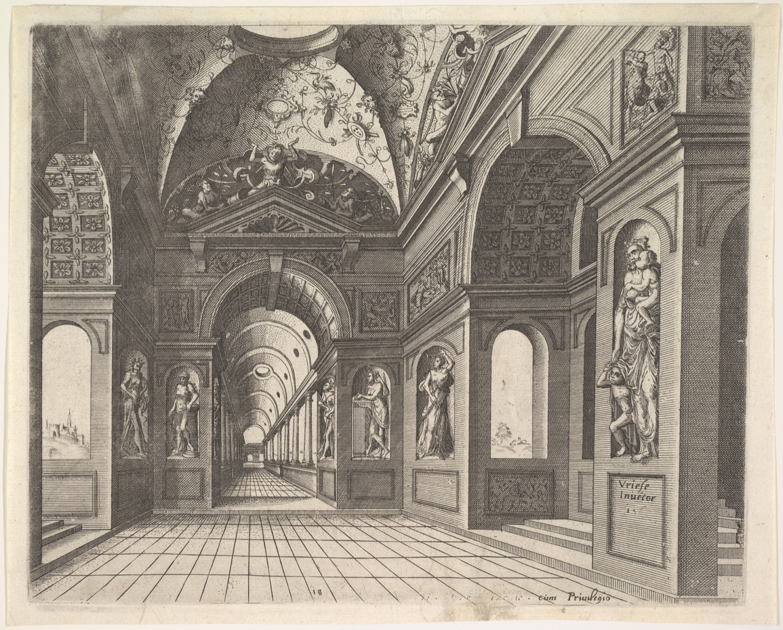 Gravure : une longue galerie voûtée en perspective, dont le dallage et les arcades convergent vers une ouverture lumineuse au fond ; des statues occupent les niches des murs