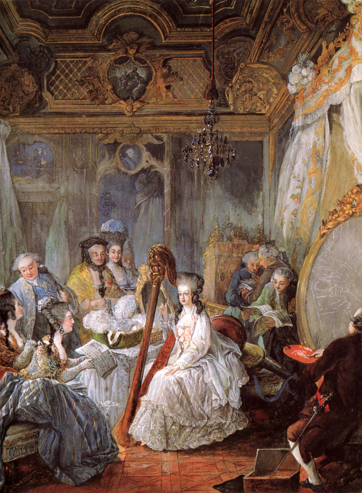 Dans une chambre dorée, Marie-Antoinette joue de la harpe entourée de dames et de musiciens ; en bas à droite, de dos, un peintre tient sa palette devant une toile ovale