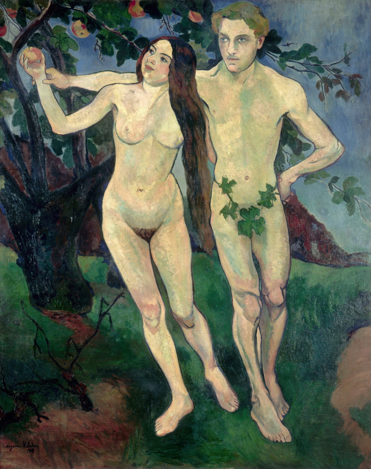 Un homme et une femme nus sous un pommier, la femme cueillant une pomme, l'homme lui tenant le poignet