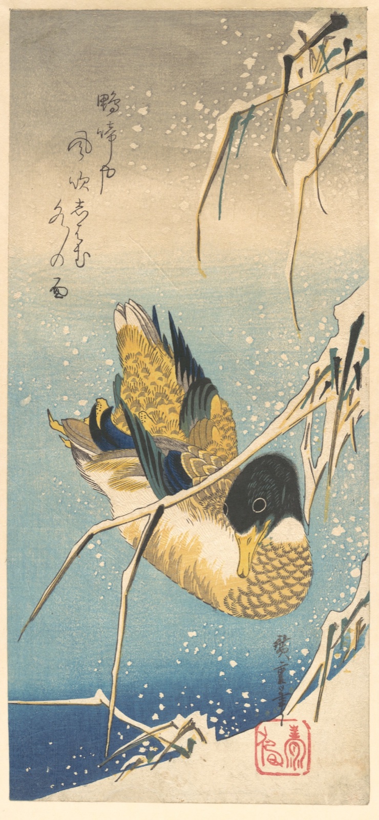 Un canard colvert plonge sous des roseaux ployés par la neige, au-dessus d'une eau bleue, sous des flocons ; un poème calligraphié en haut à gauche