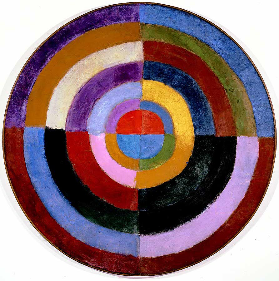Tableau rond fait d'anneaux concentriques de couleurs vives, partagés en quatre quartiers
