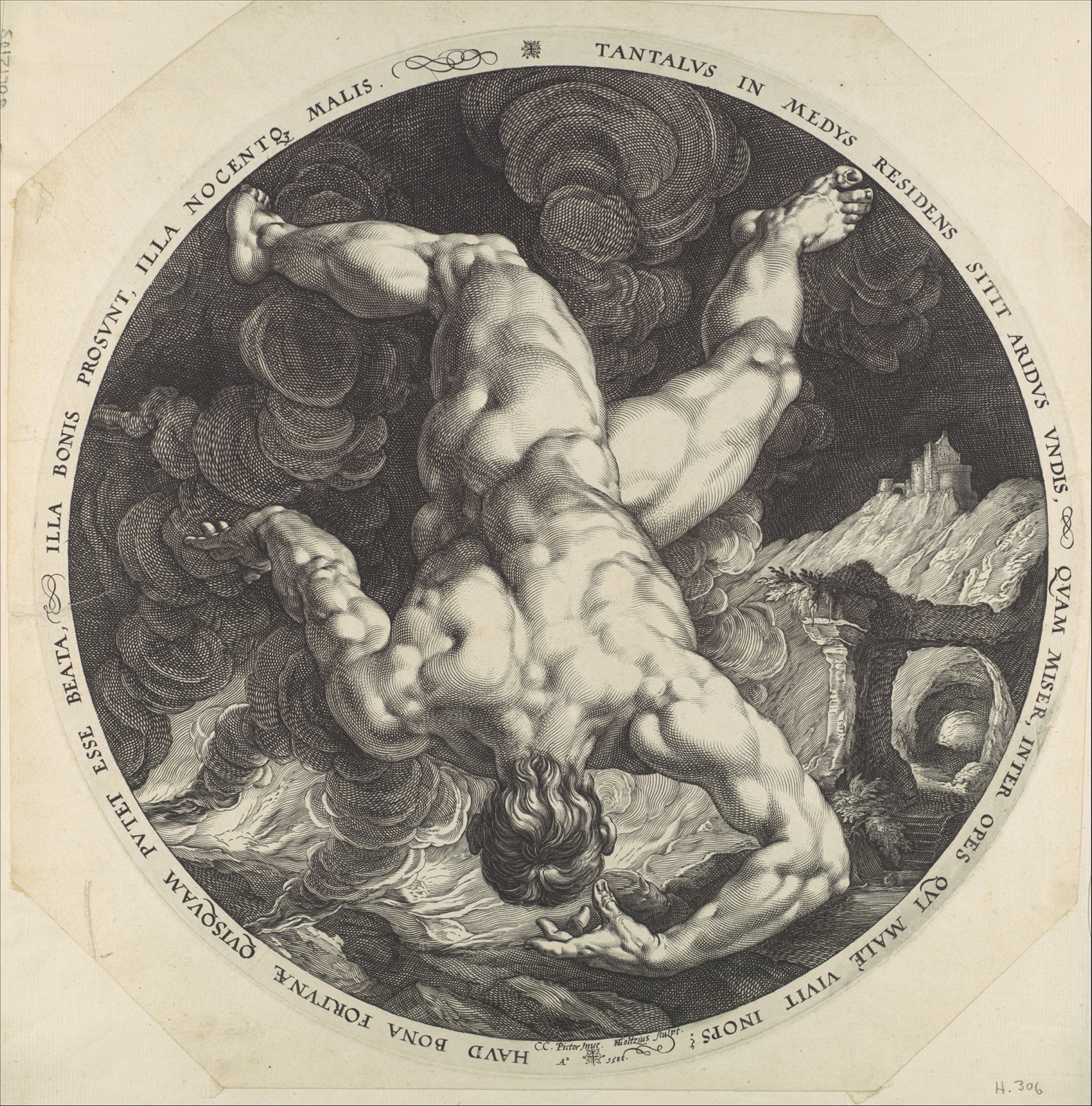 Gravure circulaire : un homme nu, vu de dos, tombe la tête la première dans un ciel de nuées, au-dessus d'un paysage de rochers