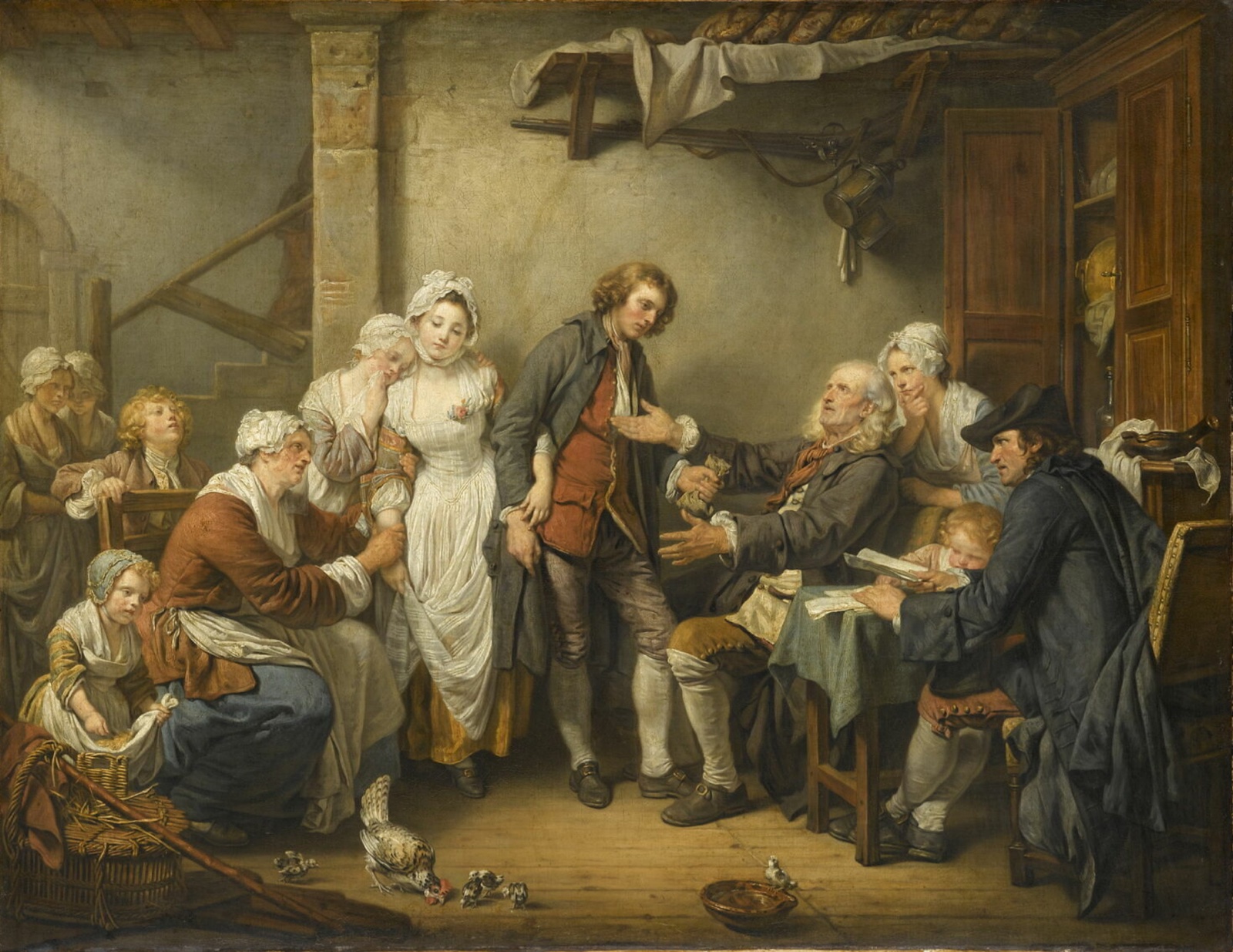 Dans une salle de ferme, un vieil homme remet une bourse au jeune fiancé, devant la famille réunie, tandis qu'un notaire assis consigne l'accord