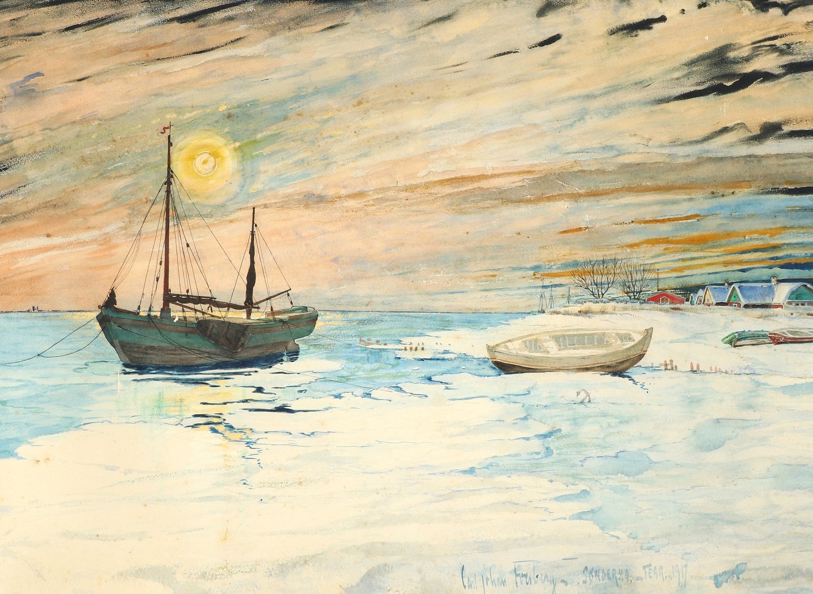 Aquarelle : un voilier pris dans la glace sous un soleil d'hiver bas et voilé, une barque échouée sur la neige, des maisons basses au loin