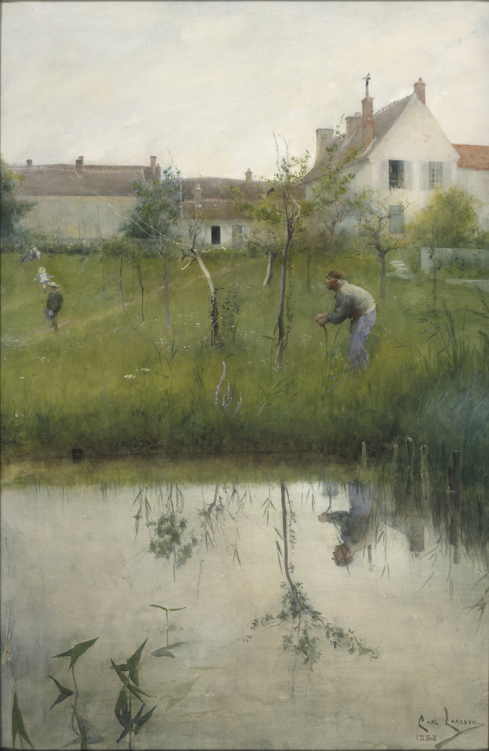 Aquarelle : au bord d'un étang qui reflète le ciel gris, un vieil homme penché plante de jeunes arbres dans un pré, devant des maisons blanches aux toits de tuiles